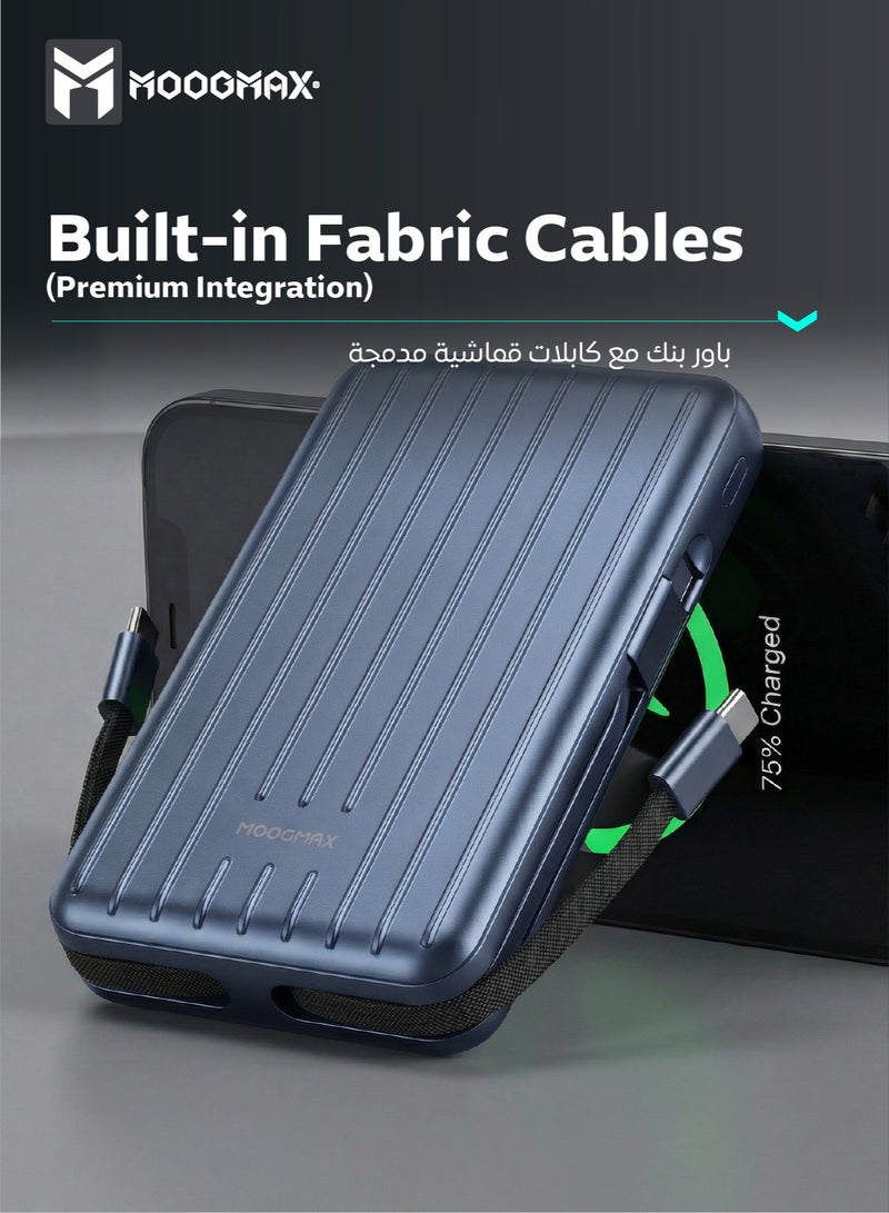 موجماكس باور بنك بسعة 10000 مللي أمبير. باور بانك صغير لاسلكي مغناطيسي (ماج سيف). شاحن متنقل صغير بثلاث منافذ (يو اس بي& تايب سيPD& لايتنينج ايفون). بطاريه متنقله باسلاك شحن قماشية مدمجة (تايب سي& لايتنينج ايفون). بور بنك بقوة شحن 15واط لشحن اللاسلكي و22.5 واط لمنافذ الشحن والكيابل. أزرق - Image 5